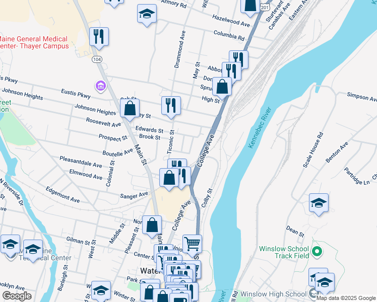 map of restaurants, bars, coffee shops, grocery stores, and more near 2 Toward Street in Waterville