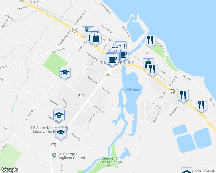 map of restaurants, bars, coffee shops, grocery stores, and more near 20 Alice Street East in Thornbury