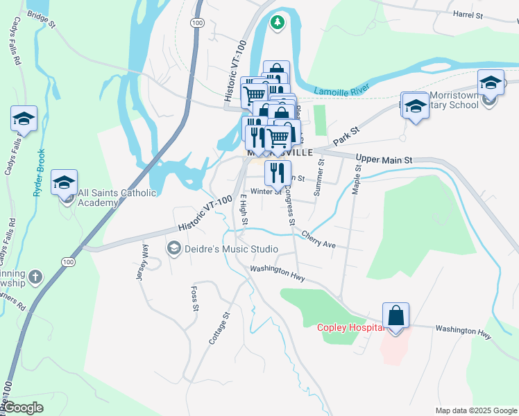 map of restaurants, bars, coffee shops, grocery stores, and more near 62 South Street in Morristown