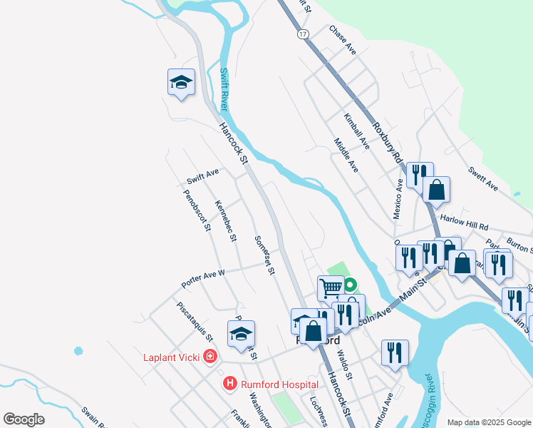 map of restaurants, bars, coffee shops, grocery stores, and more near 691 Hancock Street in Rumford