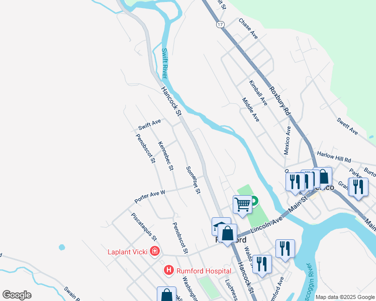 map of restaurants, bars, coffee shops, grocery stores, and more near 691 Hancock Street in Rumford