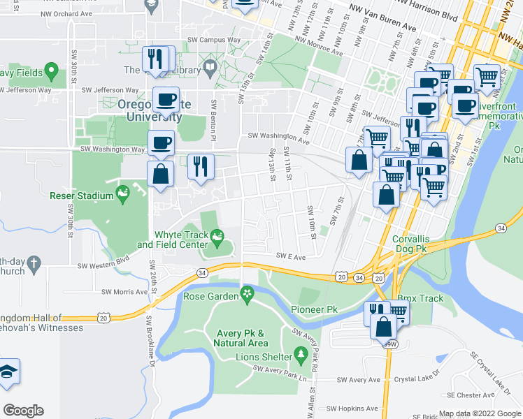 map of restaurants, bars, coffee shops, grocery stores, and more near 876 Southwest Maple Tree Drive in Corvallis