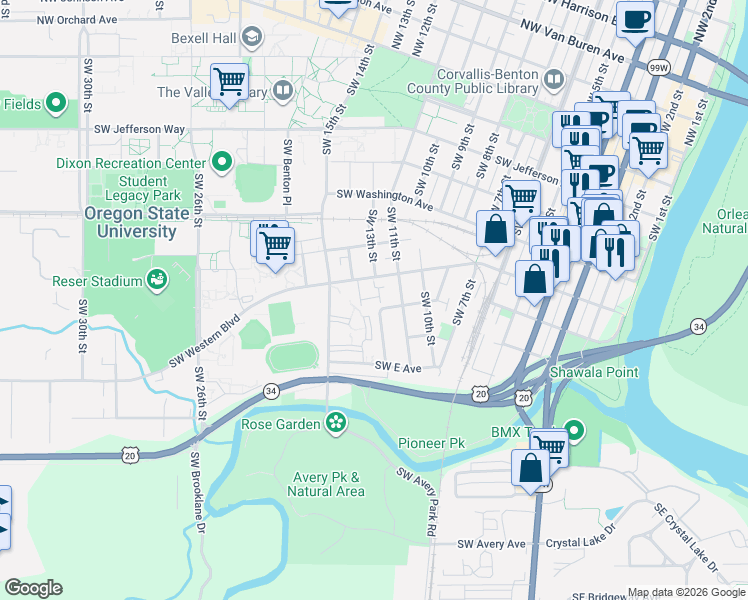 map of restaurants, bars, coffee shops, grocery stores, and more near 1154 Southwest C Avenue in Corvallis