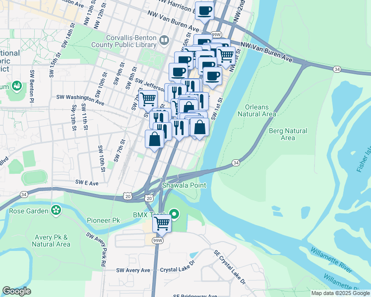 map of restaurants, bars, coffee shops, grocery stores, and more near 612 Southwest Western Boulevard in Corvallis