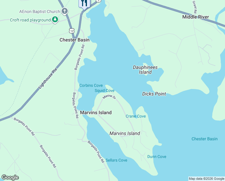map of restaurants, bars, coffee shops, grocery stores, and more near Marine Drive in Chester Basin