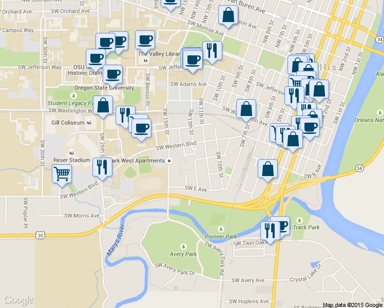 map of restaurants, bars, coffee shops, grocery stores, and more near 1154 Southwest C Avenue in Corvallis