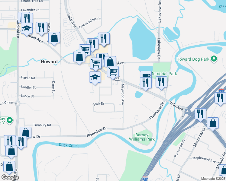 map of restaurants, bars, coffee shops, grocery stores, and more near 624 East Idlewild Court in Green Bay