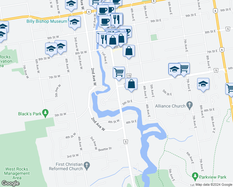 map of restaurants, bars, coffee shops, grocery stores, and more near 554 2nd Avenue East in Owen Sound