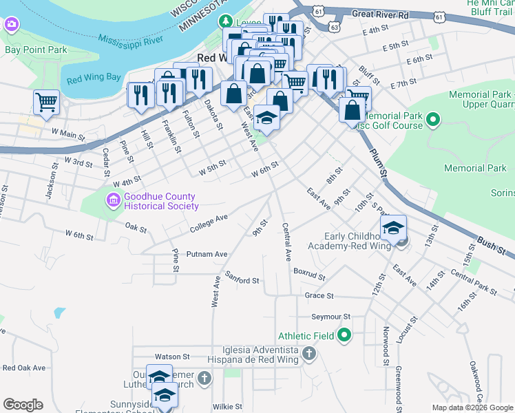 map of restaurants, bars, coffee shops, grocery stores, and more near 754 West Avenue in Red Wing