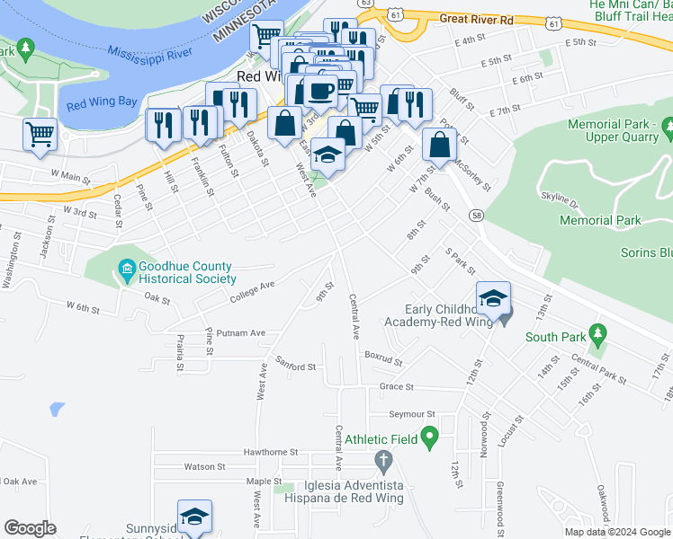 map of restaurants, bars, coffee shops, grocery stores, and more near 808 Central Avenue in Red Wing