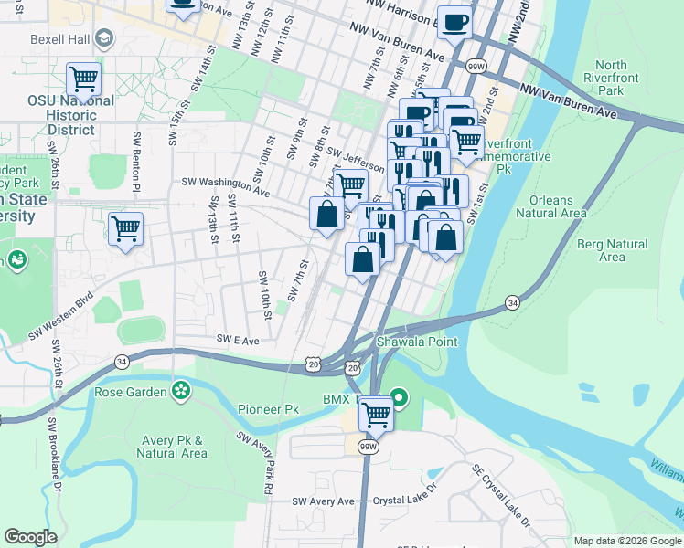 map of restaurants, bars, coffee shops, grocery stores, and more near 455 Southwest B Avenue in Corvallis
