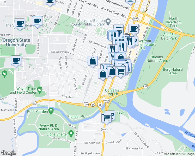 map of restaurants, bars, coffee shops, grocery stores, and more near 626 Southwest 5th Street in Corvallis