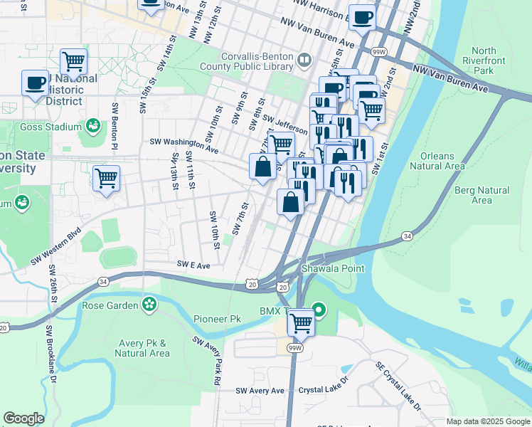 map of restaurants, bars, coffee shops, grocery stores, and more near 554 Southwest B Avenue in Corvallis