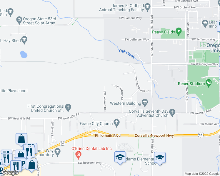 map of restaurants, bars, coffee shops, grocery stores, and more near 795 Southwest Hanson Street in Corvallis
