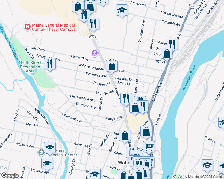 map of restaurants, bars, coffee shops, grocery stores, and more near 8 Boutelle Avenue in Waterville