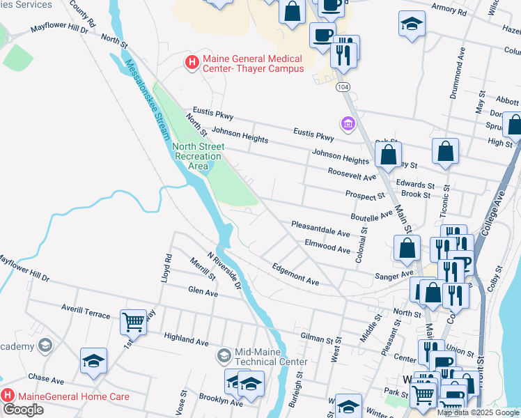 map of restaurants, bars, coffee shops, grocery stores, and more near 2 Riverview Street in Waterville