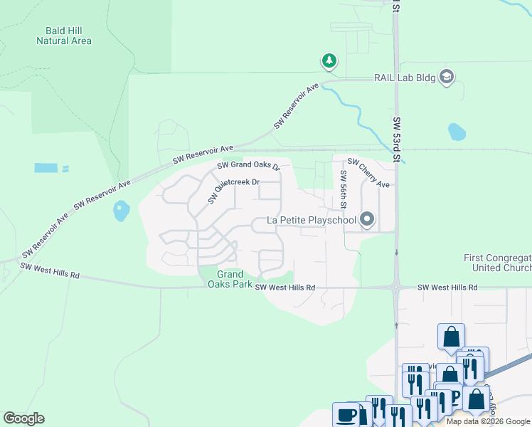 map of restaurants, bars, coffee shops, grocery stores, and more near 6050 Southwest Grand Oaks Drive in Corvallis