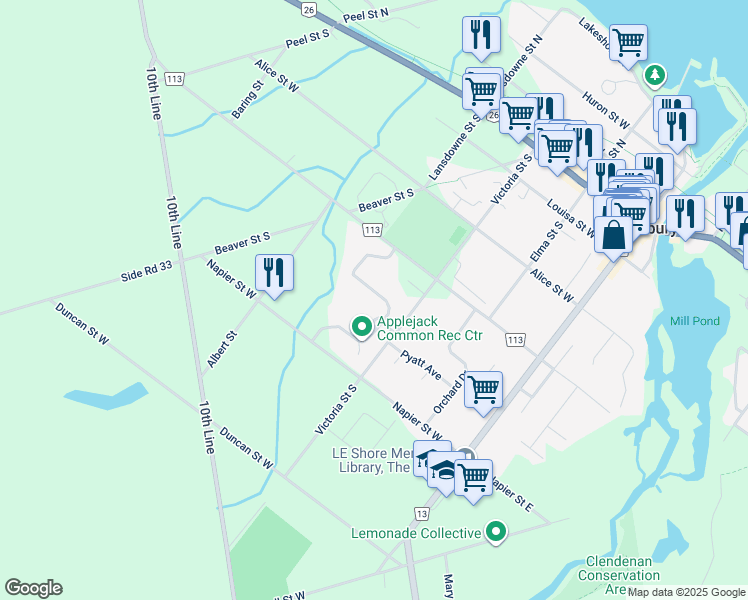 map of restaurants, bars, coffee shops, grocery stores, and more near 127 Alfred Street West in The Blue Mountains