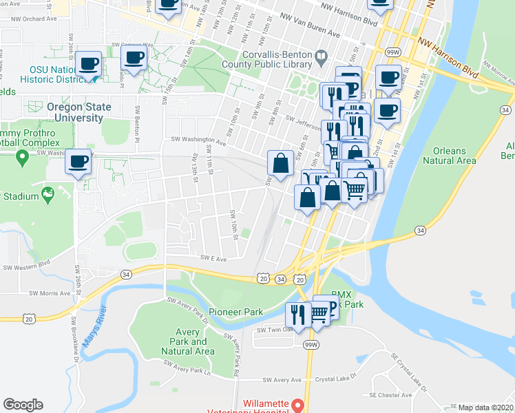 map of restaurants, bars, coffee shops, grocery stores, and more near 750 Southwest C Avenue in Corvallis