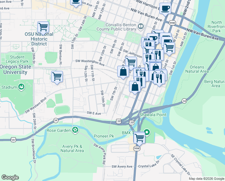 map of restaurants, bars, coffee shops, grocery stores, and more near 750 Southwest C Avenue in Corvallis