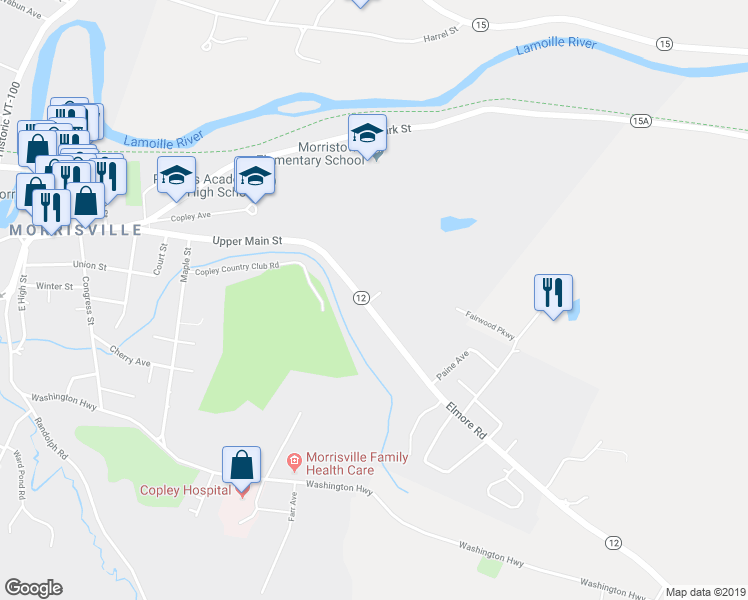 map of restaurants, bars, coffee shops, grocery stores, and more near 723 Elmore Road in Morristown