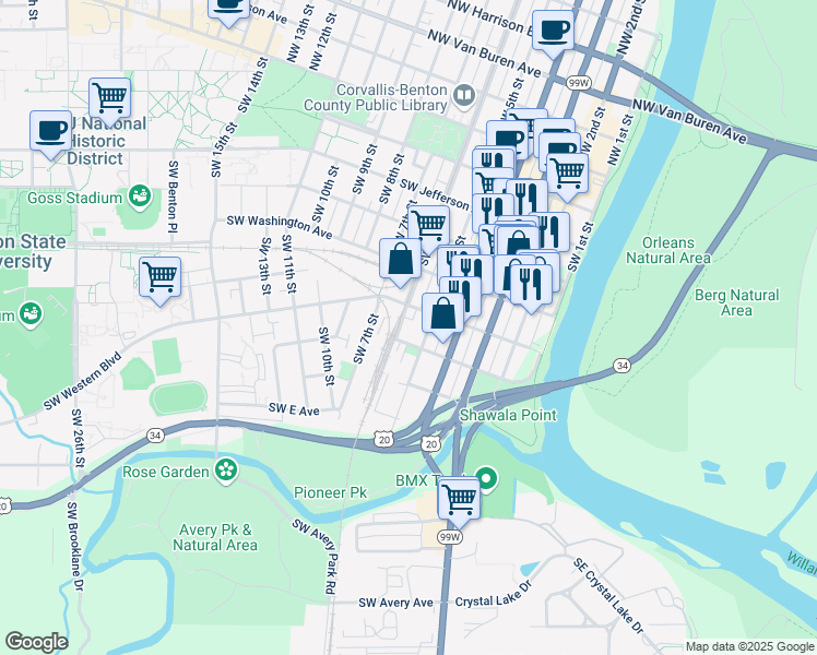 map of restaurants, bars, coffee shops, grocery stores, and more near 629 Southwest 6th Street in Corvallis