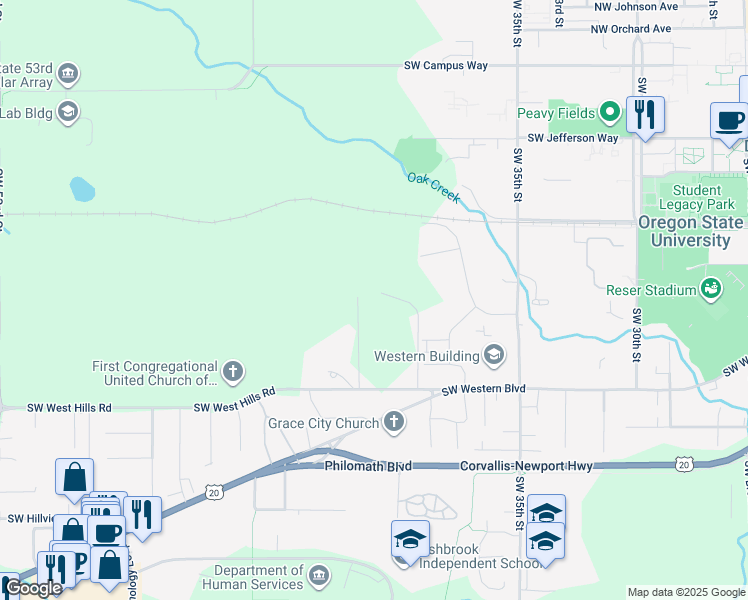 map of restaurants, bars, coffee shops, grocery stores, and more near 795 Southwest Hanson Street in Corvallis