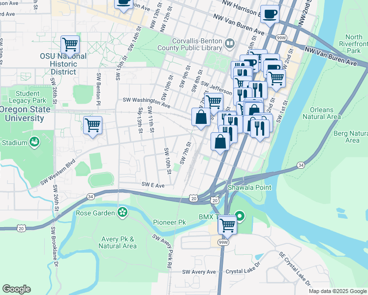 map of restaurants, bars, coffee shops, grocery stores, and more near 750 Southwest C Avenue in Corvallis