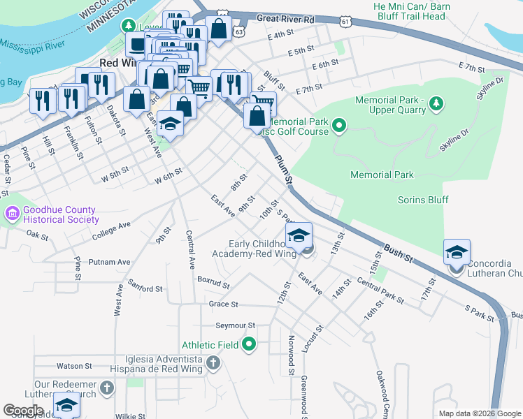 map of restaurants, bars, coffee shops, grocery stores, and more near 927 East Avenue in Red Wing