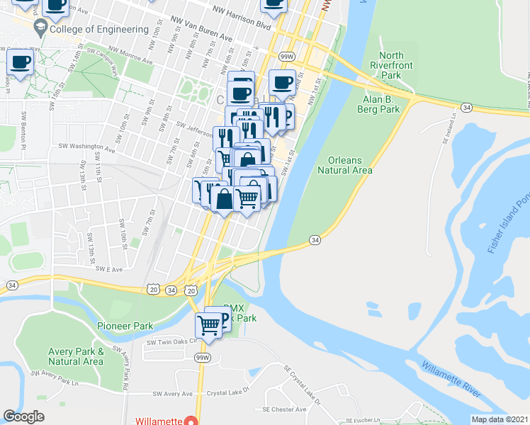 map of restaurants, bars, coffee shops, grocery stores, and more near 101 Southwest Western Boulevard in Corvallis