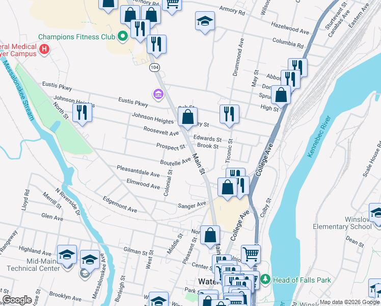 map of restaurants, bars, coffee shops, grocery stores, and more near 8 Boutelle Avenue in Waterville