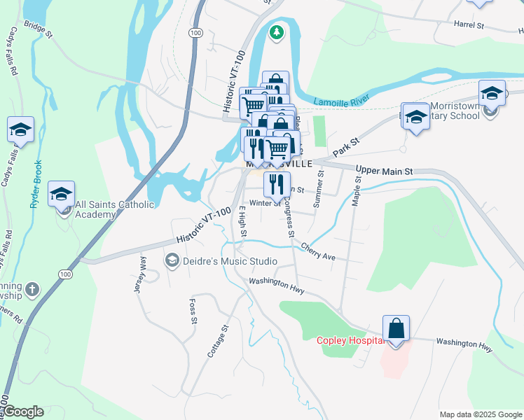 map of restaurants, bars, coffee shops, grocery stores, and more near 62 South Street in Morristown