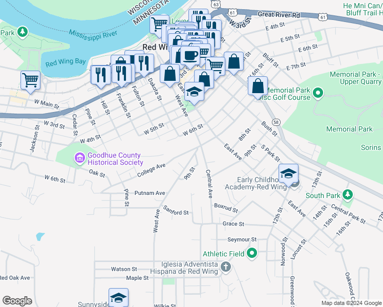 map of restaurants, bars, coffee shops, grocery stores, and more near 754 West Avenue in Red Wing