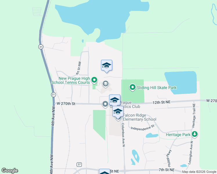 map of restaurants, bars, coffee shops, grocery stores, and more near 221 12th Street Northwest in New Prague