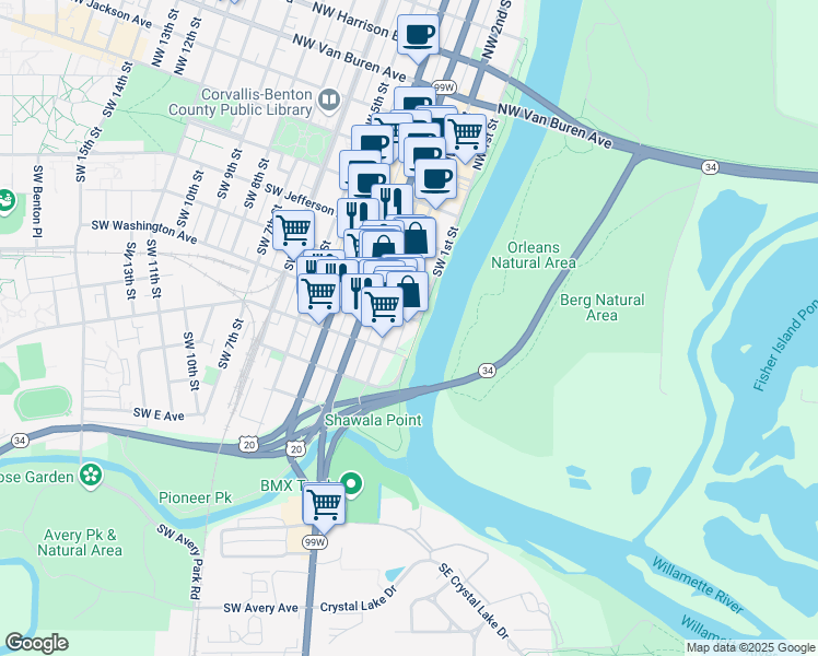 map of restaurants, bars, coffee shops, grocery stores, and more near 136 Southwest Washington Avenue in Corvallis