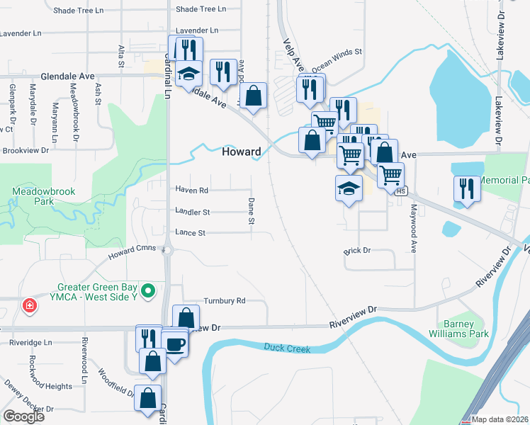 map of restaurants, bars, coffee shops, grocery stores, and more near 2486 Lance Street in Green Bay