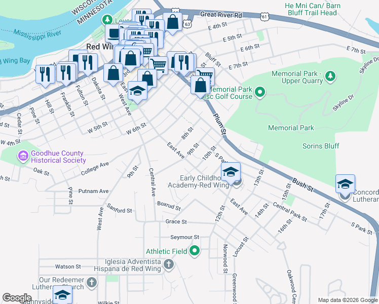 map of restaurants, bars, coffee shops, grocery stores, and more near 927 Red Oak Avenue in Red Wing