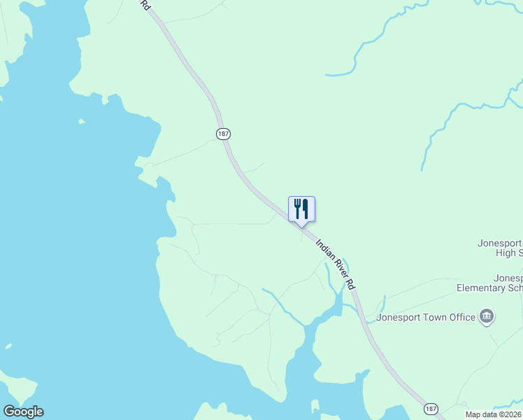 map of restaurants, bars, coffee shops, grocery stores, and more near 1681 Indian River Road in Jonesport