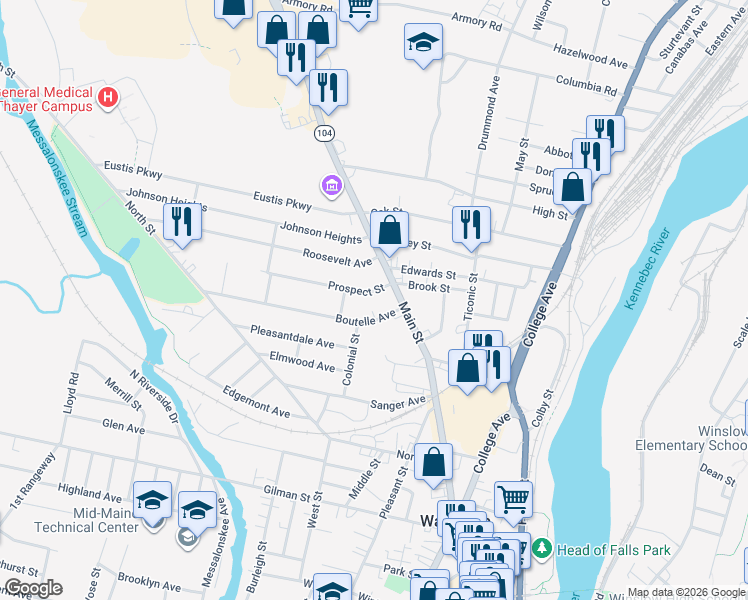 map of restaurants, bars, coffee shops, grocery stores, and more near 8 Boutelle Avenue in Waterville