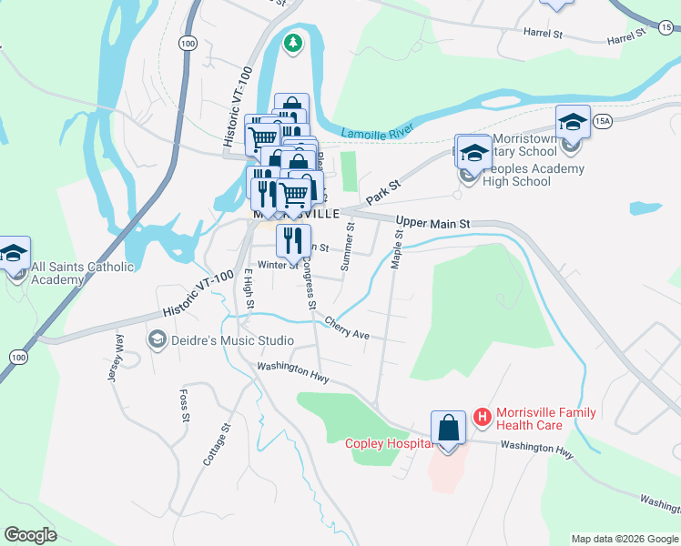 map of restaurants, bars, coffee shops, grocery stores, and more near 218 Summer Street in Morristown