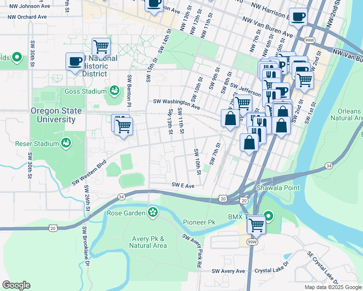 map of restaurants, bars, coffee shops, grocery stores, and more near 720 Southwest 11th Street in Corvallis