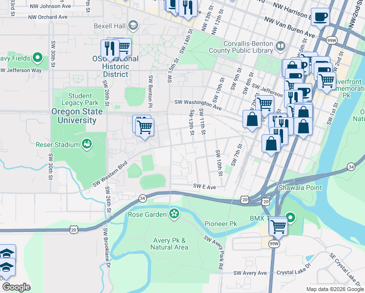 map of restaurants, bars, coffee shops, grocery stores, and more near in Corvallis