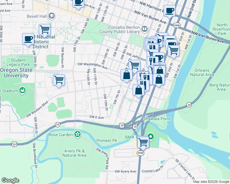 map of restaurants, bars, coffee shops, grocery stores, and more near 857 Southwest Western Boulevard in Corvallis