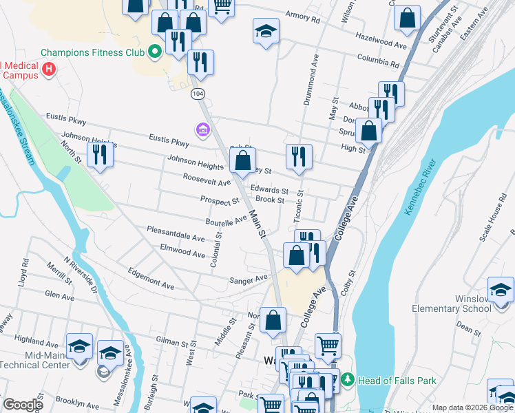 map of restaurants, bars, coffee shops, grocery stores, and more near 21 Brook Street in Waterville