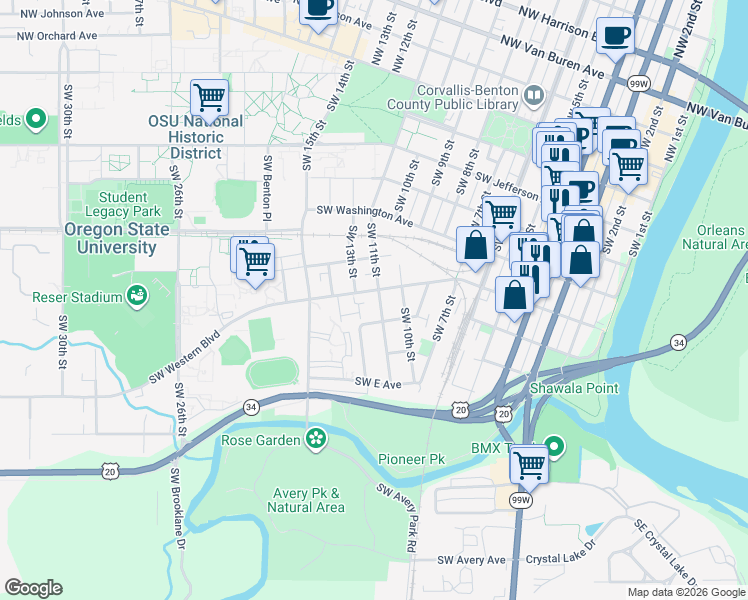 map of restaurants, bars, coffee shops, grocery stores, and more near 720 Southwest 11th Street in Corvallis