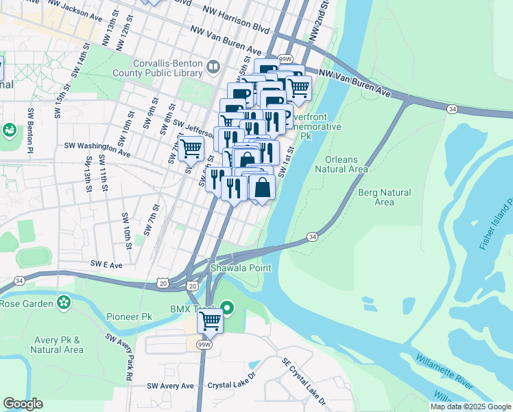 map of restaurants, bars, coffee shops, grocery stores, and more near 101 Southwest Western Boulevard in Corvallis