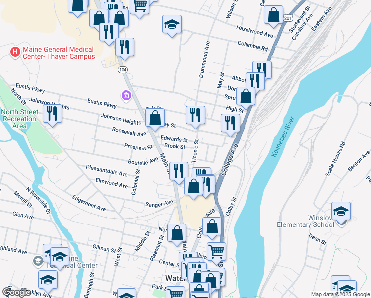 map of restaurants, bars, coffee shops, grocery stores, and more near 6 Brook Street in Waterville