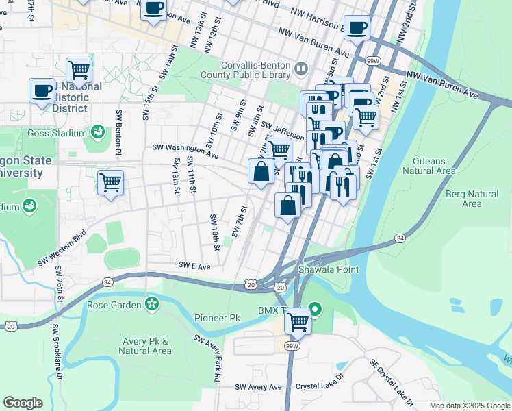 map of restaurants, bars, coffee shops, grocery stores, and more near 544 Southwest 6th Street in Corvallis