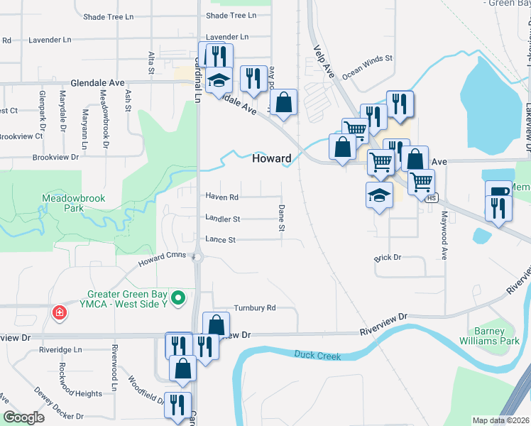map of restaurants, bars, coffee shops, grocery stores, and more near 775 Dane Street in Green Bay