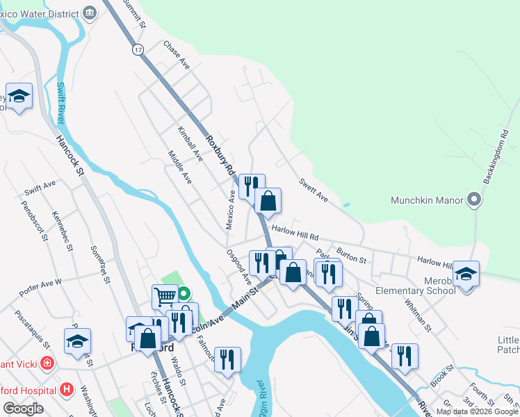 map of restaurants, bars, coffee shops, grocery stores, and more near 54 Roxbury Road in Mexico